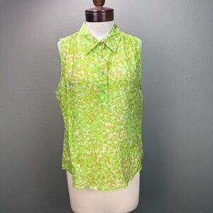 Cabi NWT Green multi-color shine Abstract semi sheer sleeveless blouse top Sz L